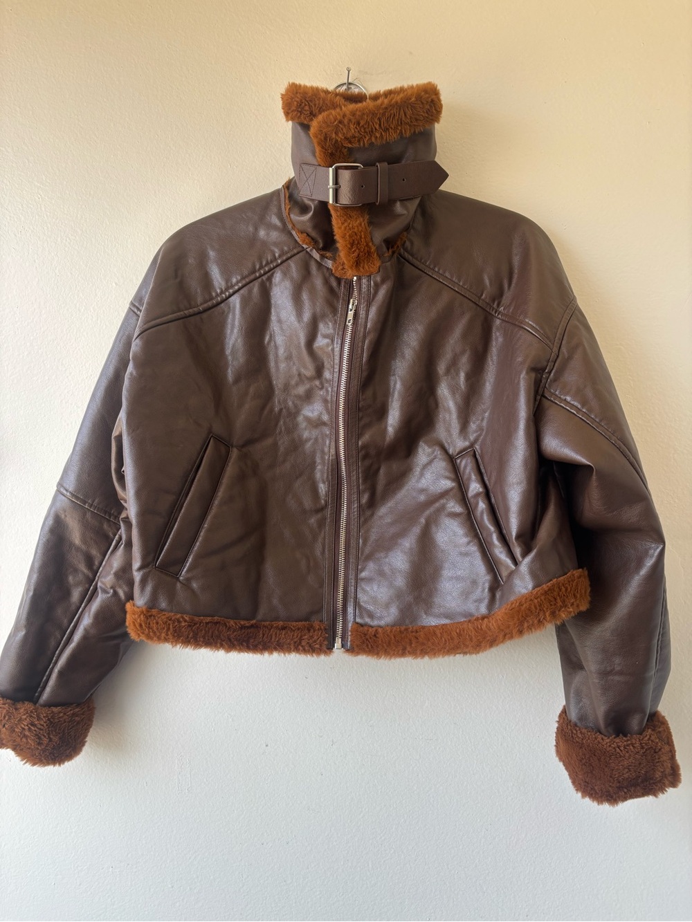 PrettyLittleThing Chocolate Brown Faux Shearling-Trim Leather Jacket